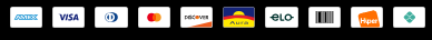 Meios de pagamento: American Express, Visa, Diners, Mastercard, Discover, Aura, Elo, Hipercard